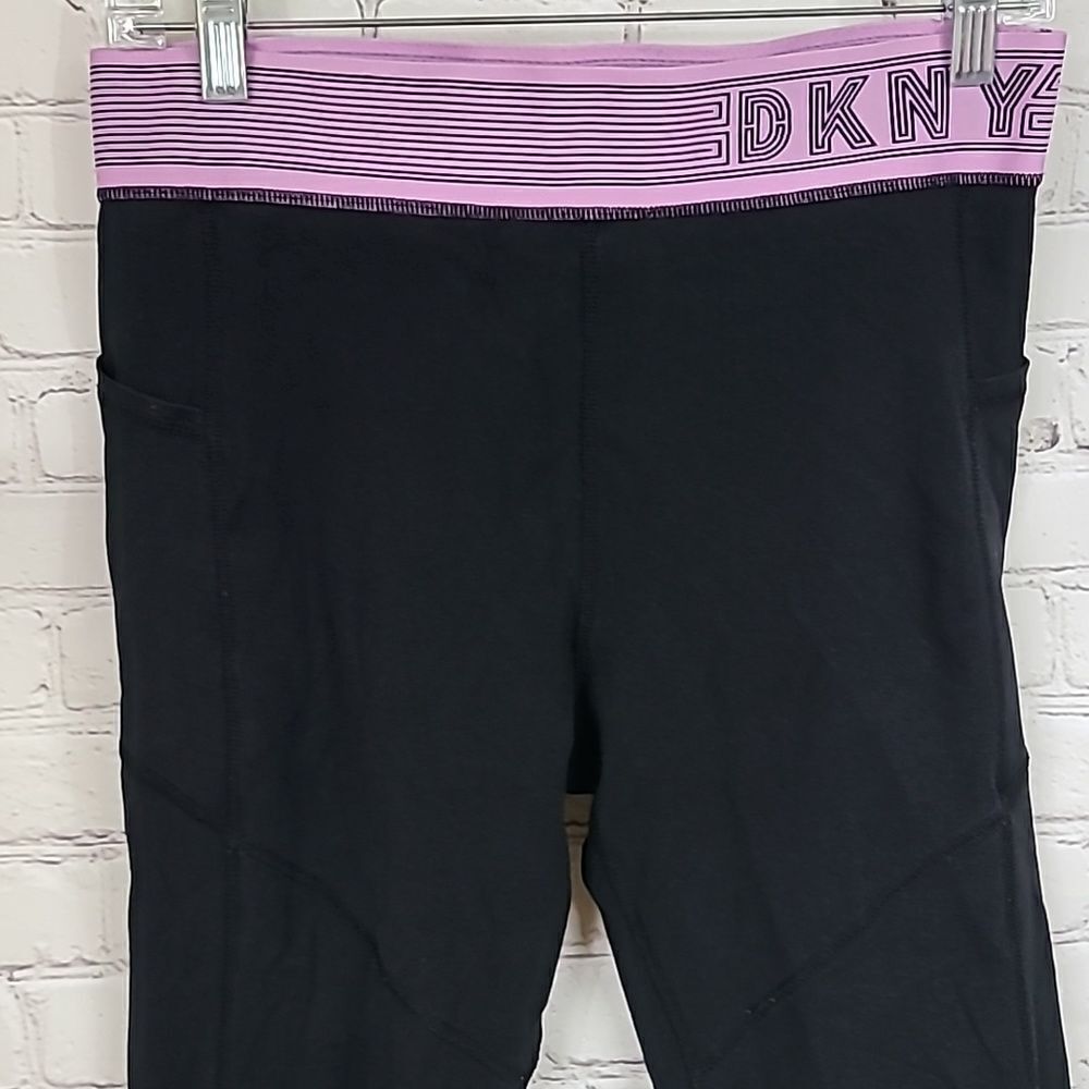 DKNY Sport High Waist Compression Leggings Side Pockets Track Logo Black/Pink L - Picture 11 of 12